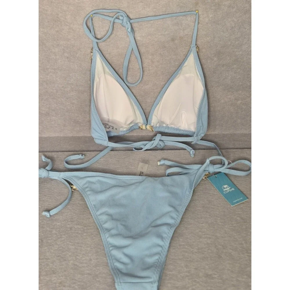 CUPSHE Womens 2pc Bikini Light Blue Ribbed Sz XL Starfish Trim Tie Side NWT